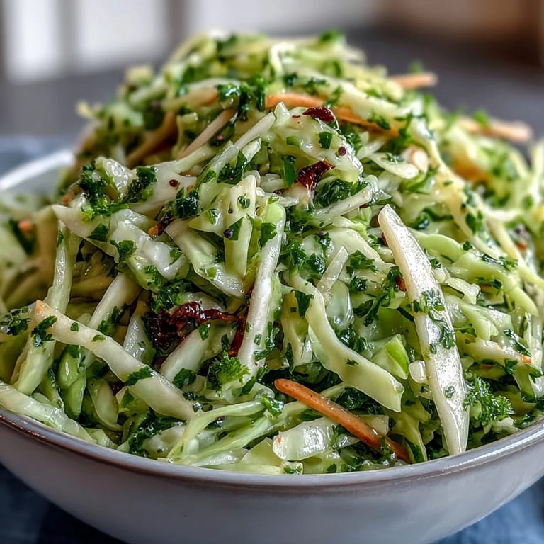 Vibrant Green Cabbage and Apple Slaw with poppy seeds and parsley, served alongside grilled chicken for a refreshing meal.