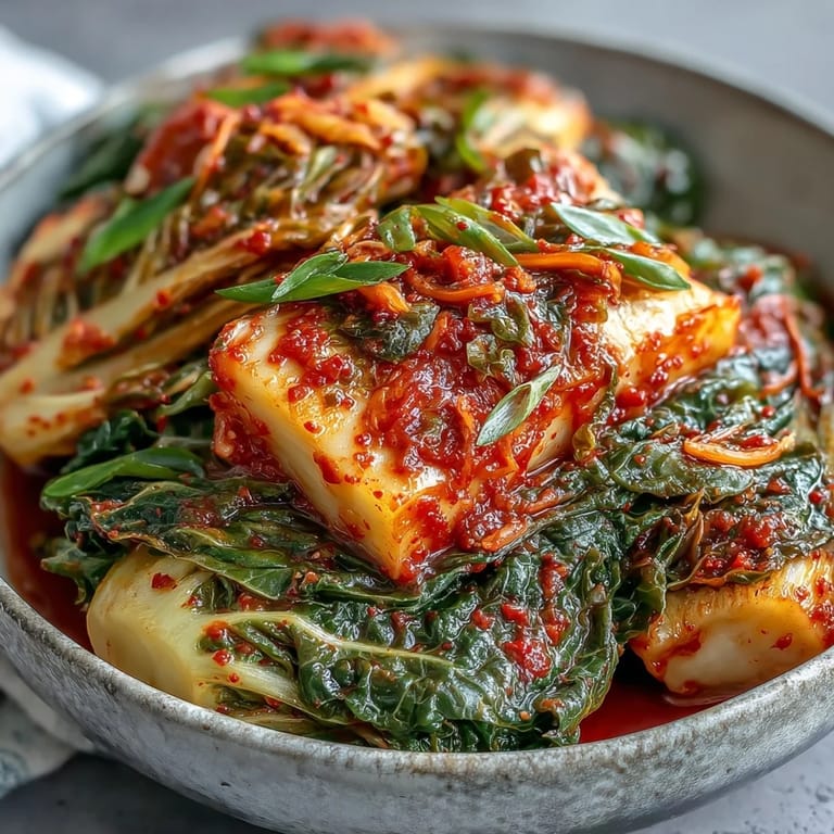 Fermenting kimchi with fresh ginger, garlic, and gochugaru in a stoneware crock, ready for days of tangy development.  