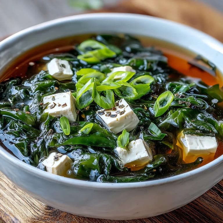A nourishing, light appetizer of Wakame Soup, showcasing vibrant green seaweed and delicate tofu in a crystal-clear broth, ready to be enjoyed.