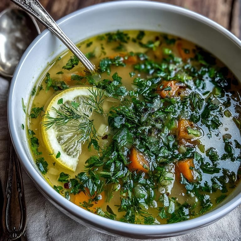 Close-up of a vibrant Lemon Herb Soup bowl, showing carrots and celery in a citrusy broth.