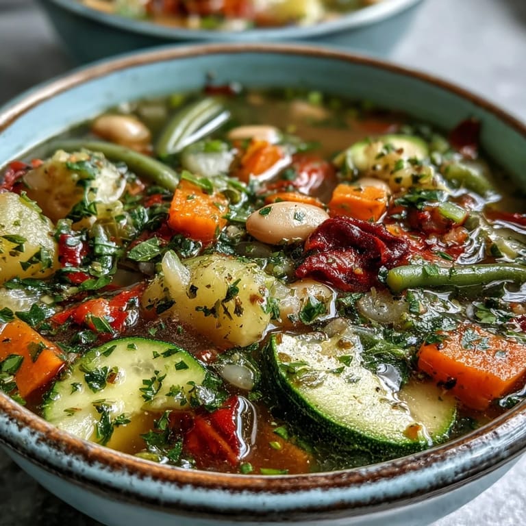 Hearty Italian Herb Vegetable Soup served with crusty bread on a rustic table.