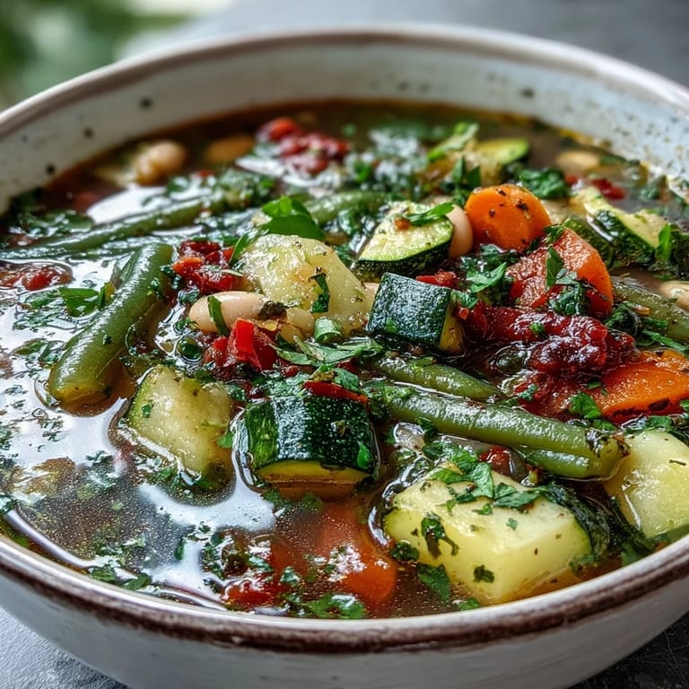 A close-up of colorful Italian Herb Vegetable Soup showing zucchini, carrots, and spinach.