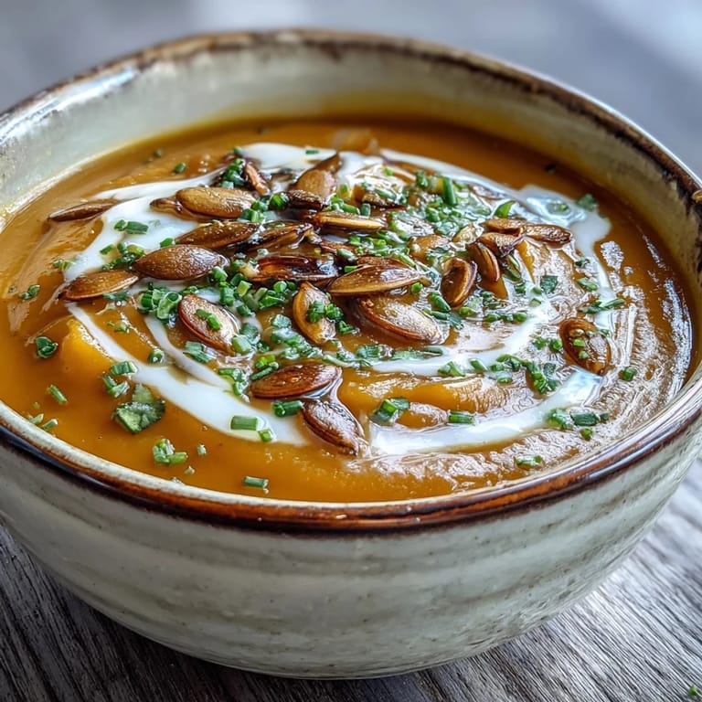 Silky smooth acorn squash soup in a rustic bowl, topped with fresh chives and a swirl of heavy cream.  