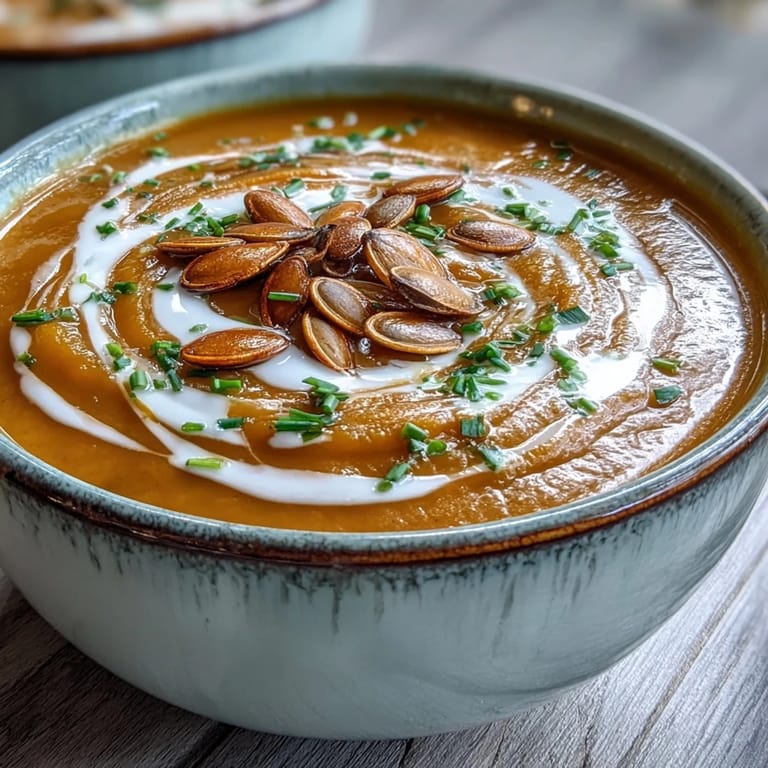 Roasted acorn squash soup served hot, featuring velvety texture and warm notes of cinnamon and nutmeg.