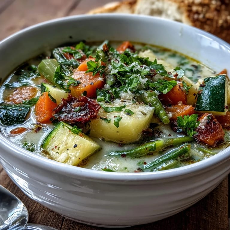 Creamy Parmesan Veggie Soup served hot with crusty bread and fresh parsley garnish.