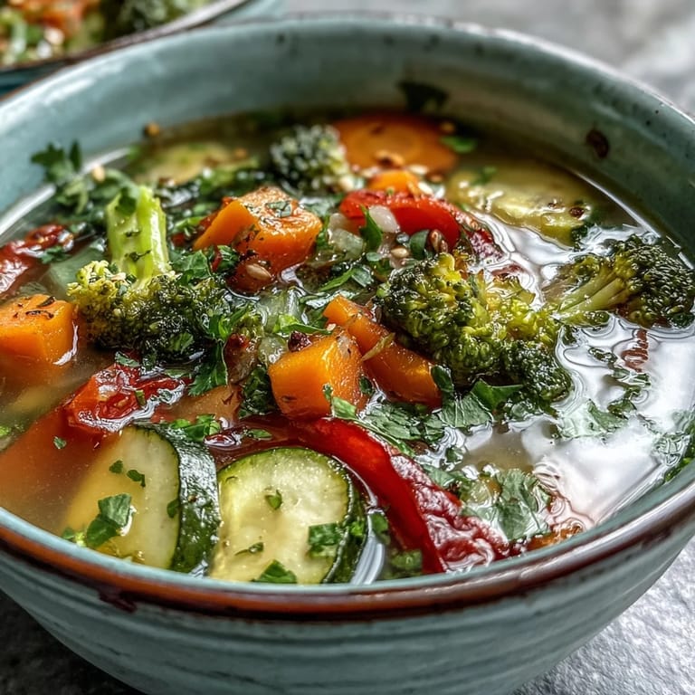 Overhead view of a rustic table setting with a pot of Ginger Vegetable Soup and crusty bread.
