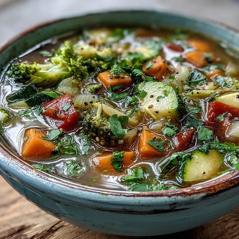 Spoon lifting a serving of Ginger Vegetable Soup, highlighting tender broccoli, carrots, and fresh herbs.