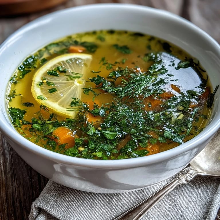 A steaming pot of homemade Lemon Herb Soup, with lemon slices and herbs for a fresh garnish.