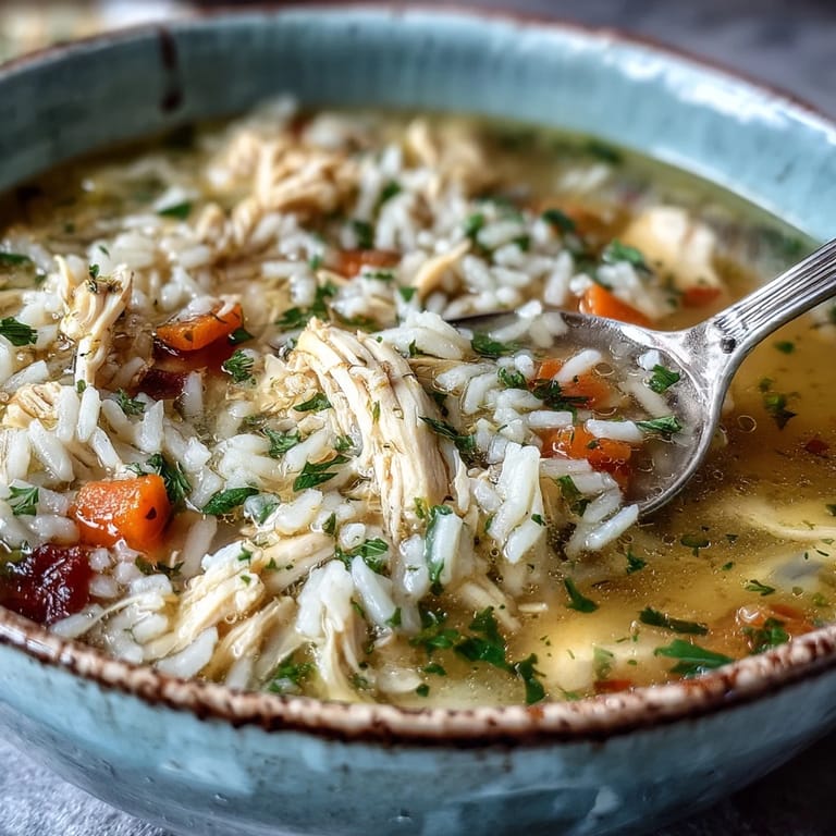 Serving Cozy Winter Chicken and Rice Soup hot garnished with fresh parsley, paired with crusty bread.