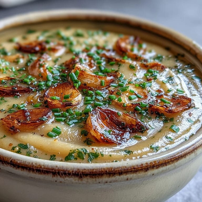 A bowl of velvety Roasted Garlic and Herb Soup topped with chives and served with crusty artisan bread on the side.