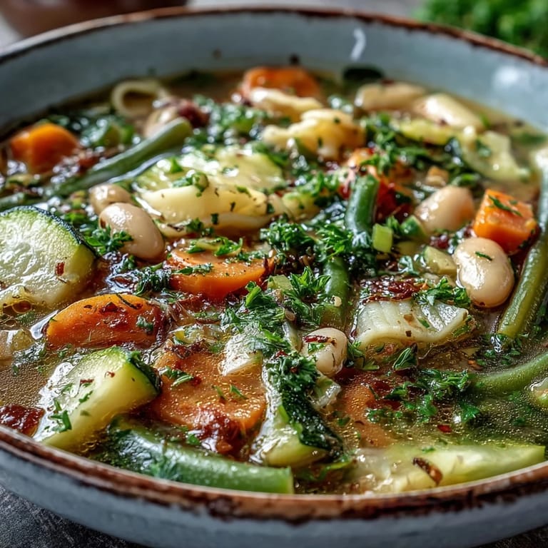 Close-up of simmering Vegetable Minestrone in a pot, revealing tender pasta, cannellini beans, and colorful seasonal vegetables in a rich tomato broth.