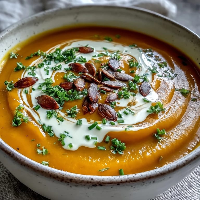 Creamy pumpkin soup served in a white bowl, topped with fresh chives and a sprinkle of warm spices.  