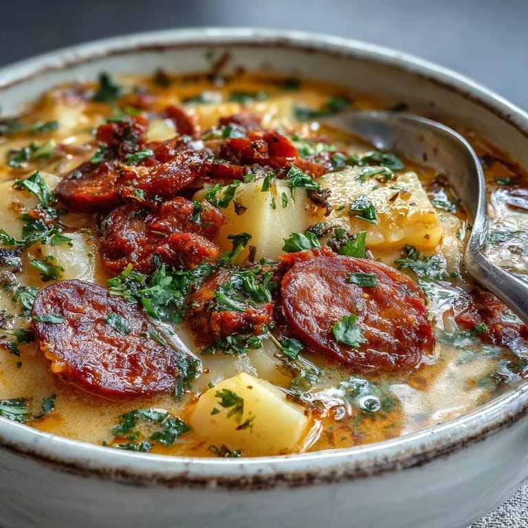 Creamy Potato, Leek and Chorizo Soup ladled into a bowl, featuring sliced leeks and smoky sausage chunks.