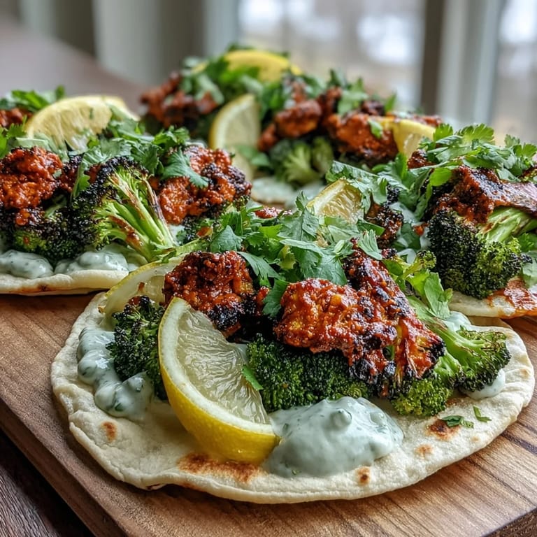 Spicy harissa broccoli with charred edges served alongside toasty flatbreads and a dollop of cool Greek yogurt.