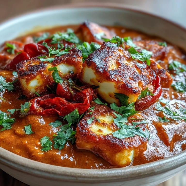 Spoon lifting tender halloumi from a rich, aromatic Indian-inspired curry with red bell peppers and lemon wedges.