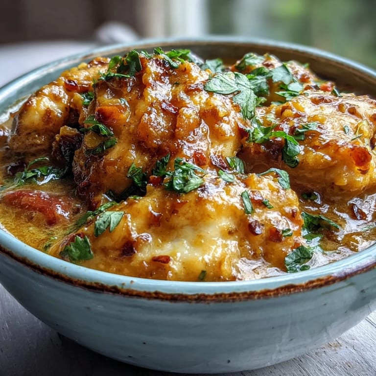 A warm bowl of Easy Chicken Curry topped with cilantro sits beside warm naan bread for dipping.