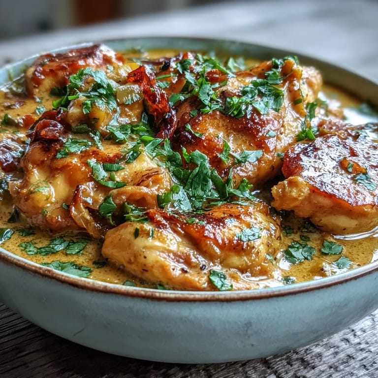 Tender chunks of Easy Chicken Curry coated in golden, aromatic spices are spooned over fluffy basmati rice.