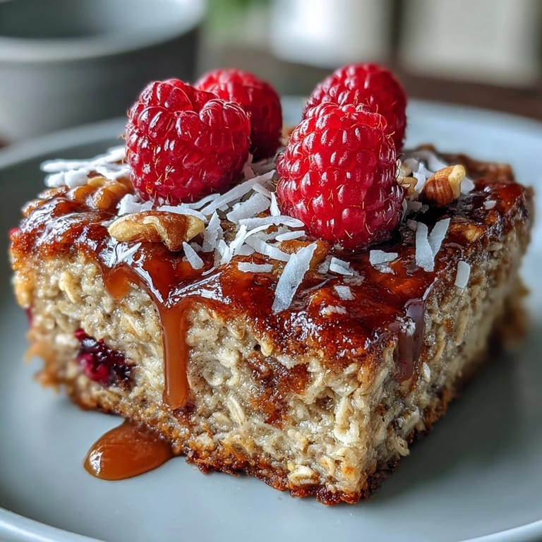 A warm slice of baked oatmeal with raspberry and coconut served on a plate with maple syrup drizzle.