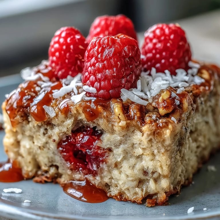 Close-up of a 9x9-inch pan of baked oatmeal with raspberry and coconut, highlighting toasted coconut and walnuts.