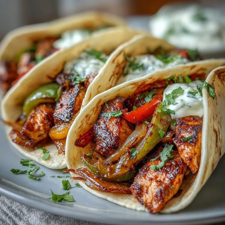Close-up of Easy Chicken Fajitas revealing juicy grilled chicken, charred peppers, and onions stuffed into a soft folded tortilla.