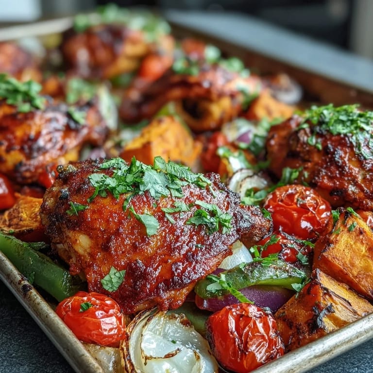Crisp-skinned Chicken and Sweet Potato Traybake with roasted red peppers and juicy tomatoes, served hot from the oven on a rustic wooden board.