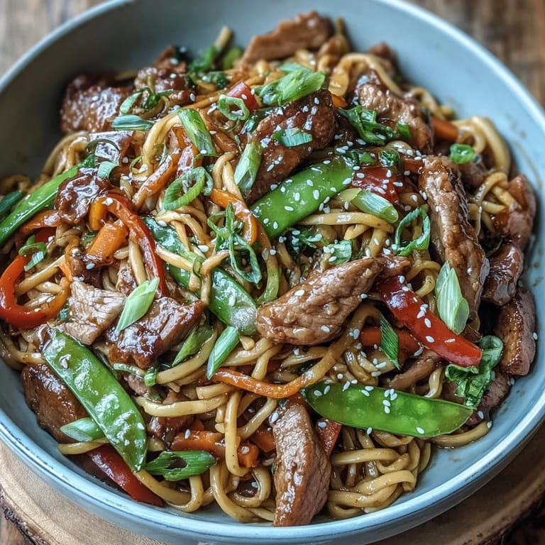 A steaming skillet of Pork Noodle Stir-Fry served alongside chopsticks and a crisp Riesling.