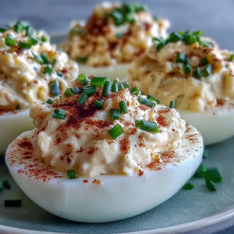 Overhead view of Million Dollar Deviled Eggs served chilled, with smooth yolk mixture piped into tender egg halves and a dusting of paprika for color.
