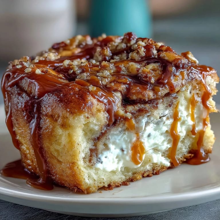 A golden loaf of Caramel Cream Cheese Bread drizzled with caramel sauce, ready to slice for breakfast.