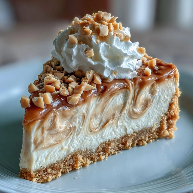 Rich Nutter Butter cheesecake with a cookie crust, creamy peanut butter filling, and fluffy whipped cream topping.