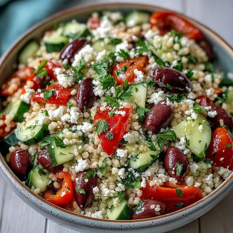 Tossing warm Mediterranean Pearl Couscous with kalamata olives, cherry tomatoes, and a zesty oregano vinaigrette in a bowl.