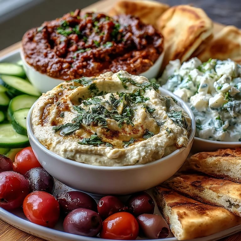 Artfully arranged Mediterranean Brunch Board featuring vibrant dips, crisp veggies, and torn flatbreads, perfect for a shareable, festive gathering.
