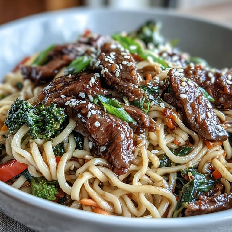 Served steaming in a wide bowl, Korean Beef Noodles feature glossy noodles, caramelized beef strips, and crunchy vegetables, finished with fresh green onions and sesame seeds for a restaurant-style takeout vibe.