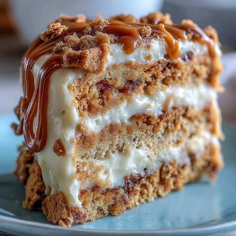 A slice of Decadent Baked Biscoff Cake with Creamy Lotus Frosting reveals a tender crumb and swirled cookie pieces, ready to serve.