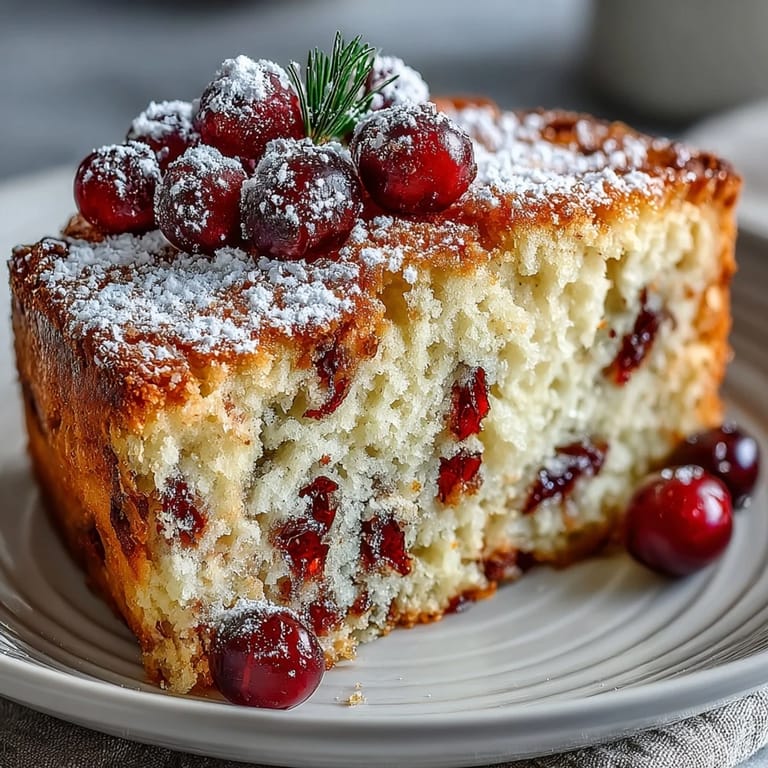 Warm slice of Cranberry Orange Breakfast Cake reveals tart cranberry bursts, served on a white plate alongside a steaming cup of morning coffee.