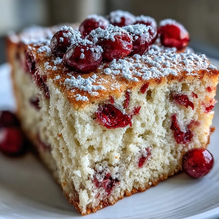 Homemade Cranberry Orange Breakfast Cake cooling on a wire rack, showcasing moist texture with vivid orange zest and ruby red cranberry pieces throughout.