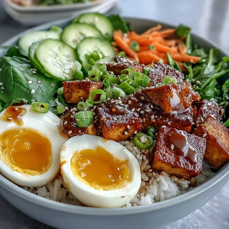 Close-up of a Tofu Jammy Egg Breakfast Bowl with halved jammy eggs, greens, and toasted sesame seeds.