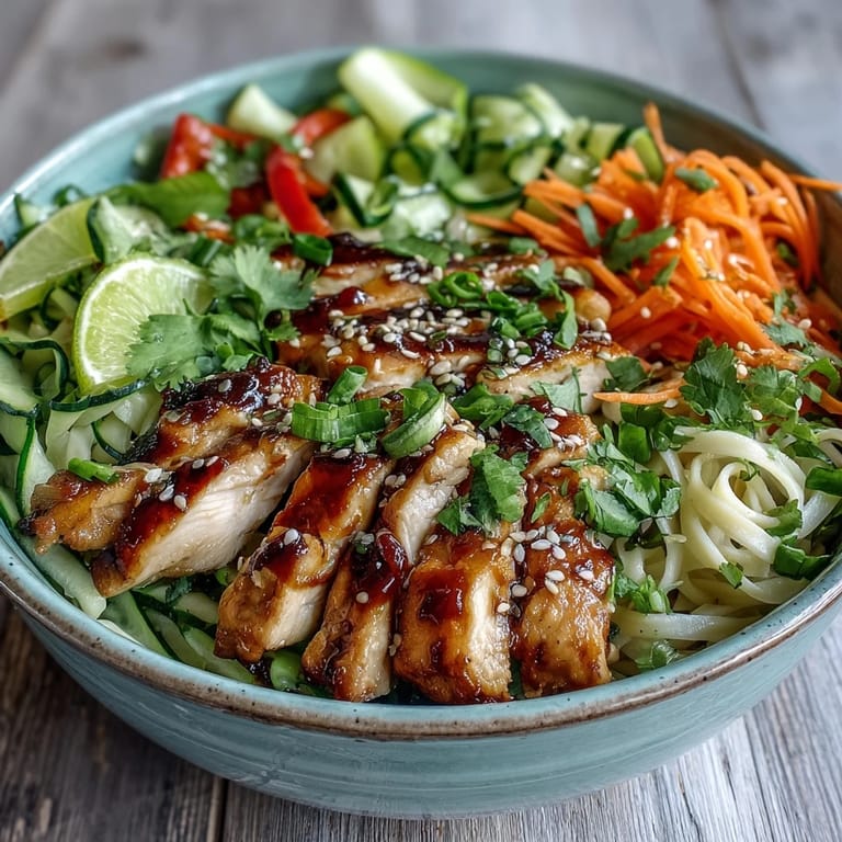 Asian Chicken Noodle Bowl with carrots, cucumber, and lime, served on a white plate.  