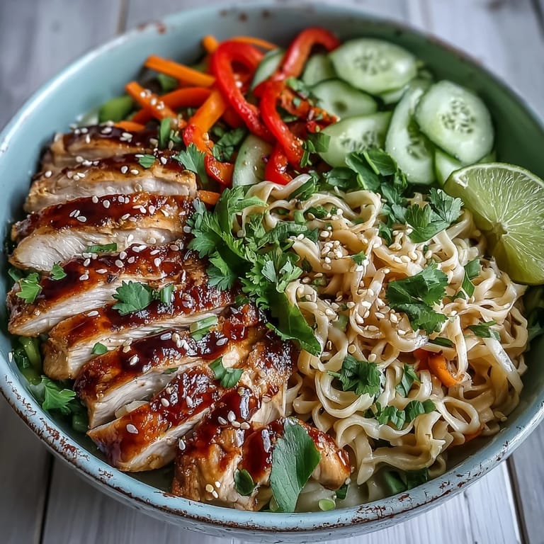 Stir-fried Asian Chicken Noodle Bowl garnished with cilantro and chili flakes for a spicy kick.