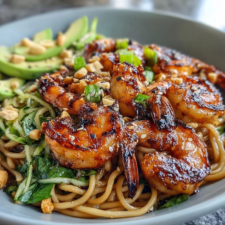 A close-up of the Grilled Shrimp Asian Noodle Bowl reveals chopped peanuts and vibrant cilantro garnish.  