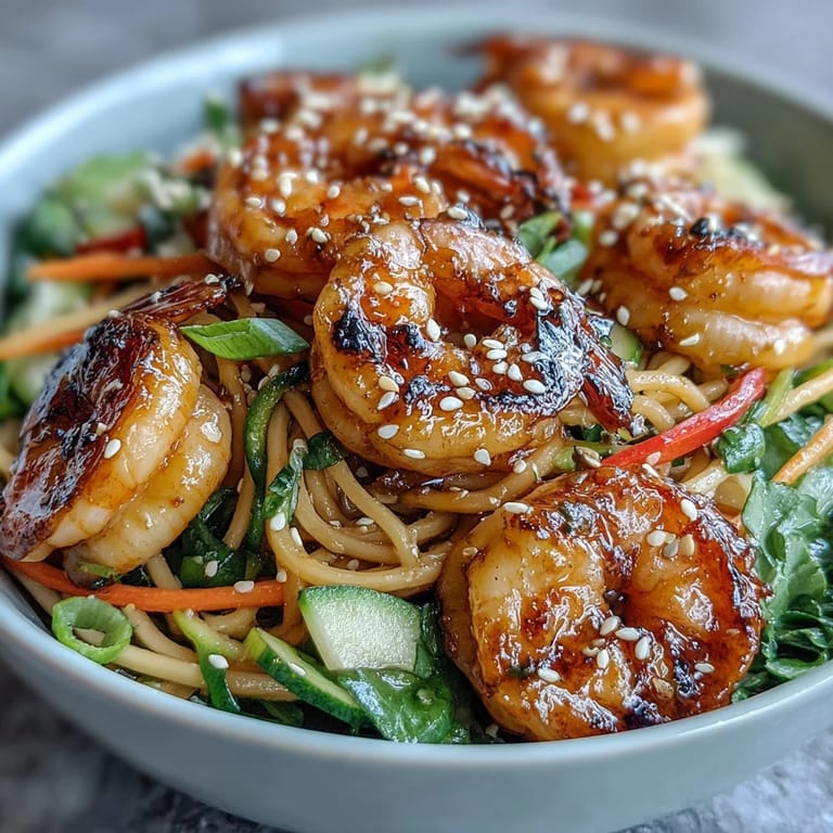 A close-up shows the 15-Minute Asian Noodle Bowl with grilled shrimp, fresh cilantro, and vibrant red bell pepper slices.