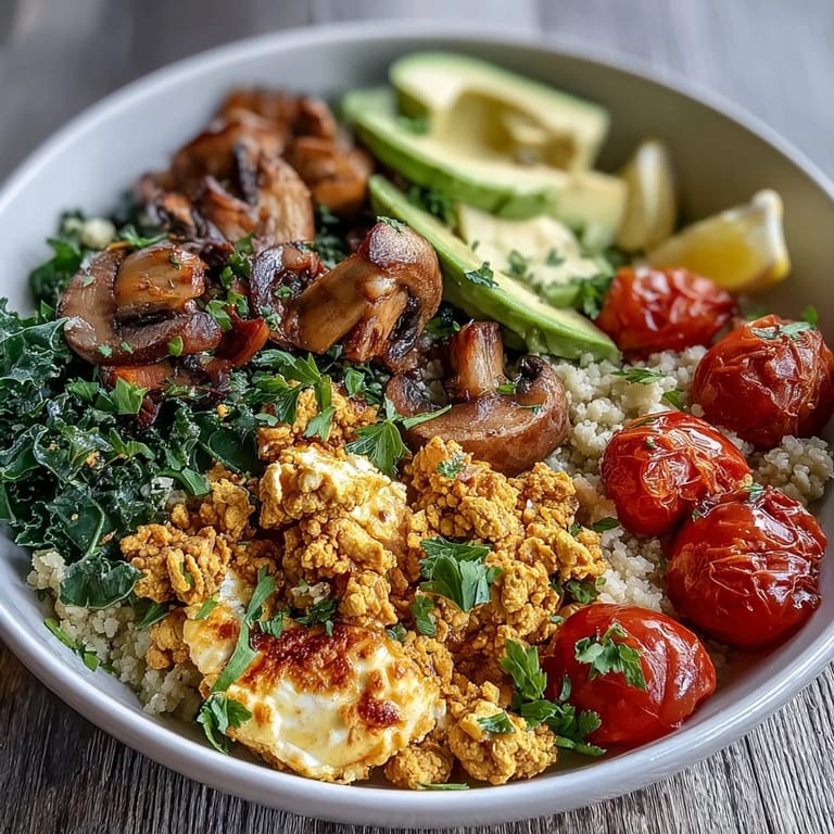 Scrambled Tofu Breakfast Bowl topped with sliced avocado, cherry tomatoes, and fresh parsley on a rustic wooden table.