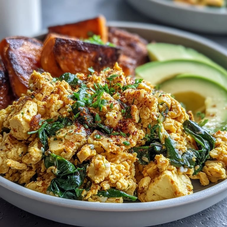 Hearty Tofu Scramble Vegan Breakfast Bowl featuring seasoned tofu, fluffy quinoa, and creamy avocado, perfect for a nourishing start.