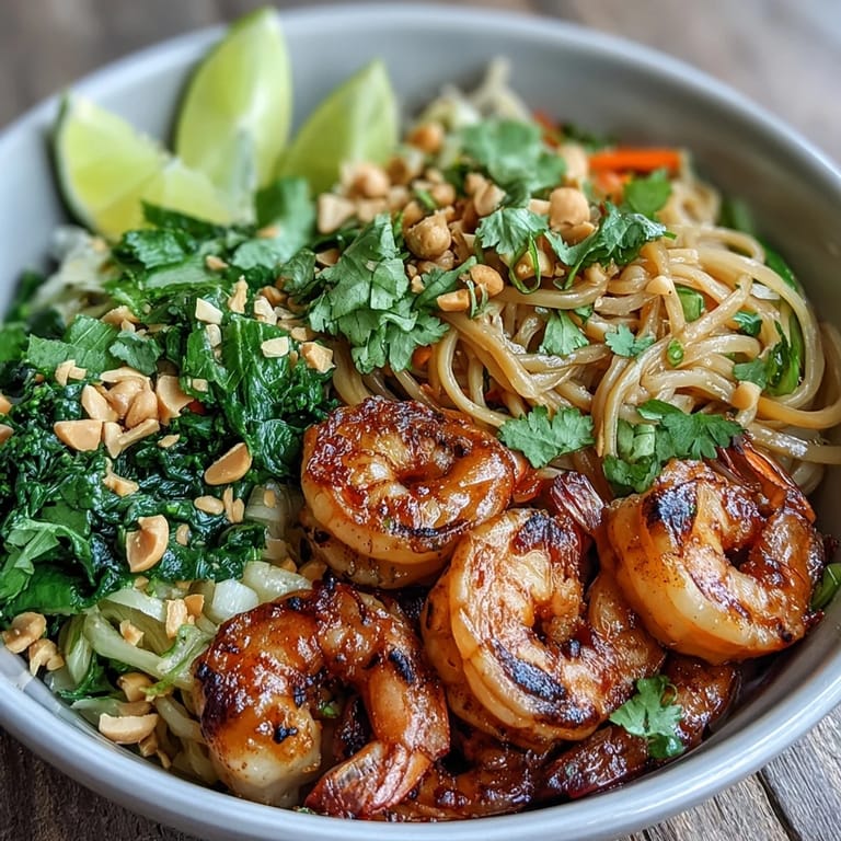 Close-up of a vibrant Asian Noodle Bowl, featuring plump shrimp, tender rice noodles, and crunchy vegetables drizzled with a glossy sesame-lime sauce.