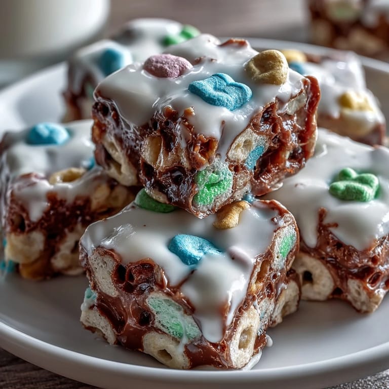 Festive platter featuring creamy white chocolate Lucky Charms bark, green apple slices, and gold chocolate coins for St. Patrick's Day fun.