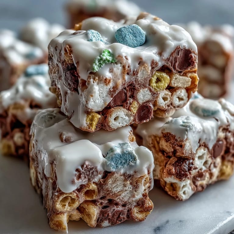 Colorful Lucky Charms bark with green candy drizzle takes center stage on a St. Patrick's Day dessert board, surrounded by rainbow candies and pretzels.