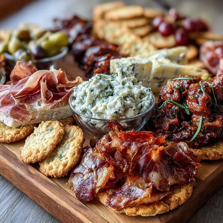 Elegant charcuterie board featuring assorted cheeses, cured meats, and dips, garnished with fresh herbs and seasonal produce.