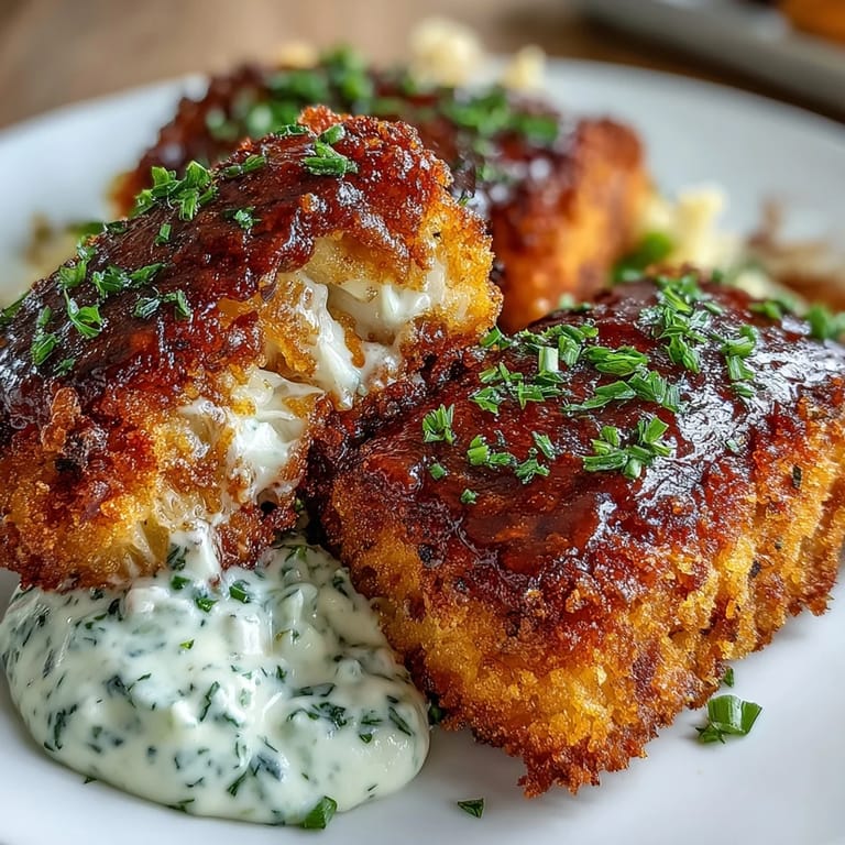 Golden-brown catfish fillets seasoned with Southern spices, served alongside tangy remoulade sauce for dipping.