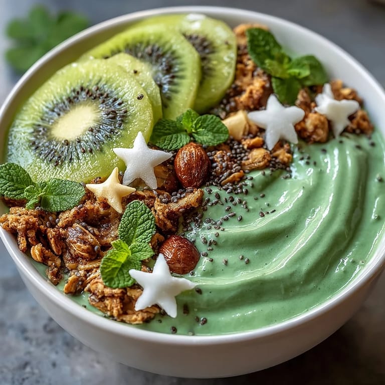 Festive green protein smoothie bowl with shamrock-shaped kiwi slices, chia seeds, and coconut flakes, perfect for a healthy St. Patrick's Day breakfast.
