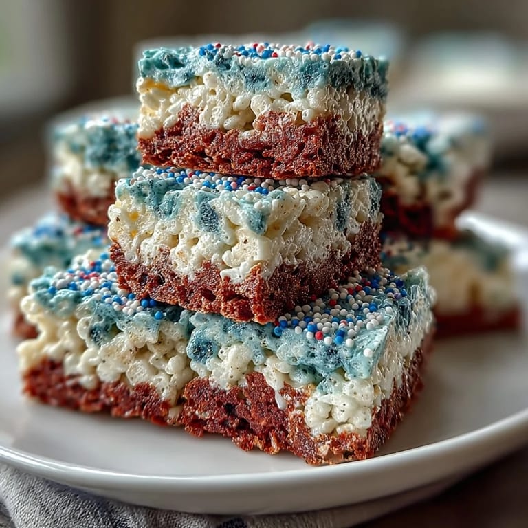 Festive layered Rice Krispies Treats in red, white, and blue, decorated with sprinkles, ideal for Independence Day dessert tables.