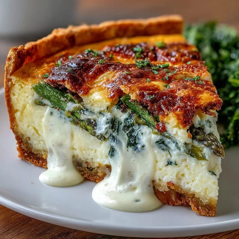 Elegant asparagus and creamy Brie quiche, baked until golden and served warm for a special occasion breakfast or lunch.